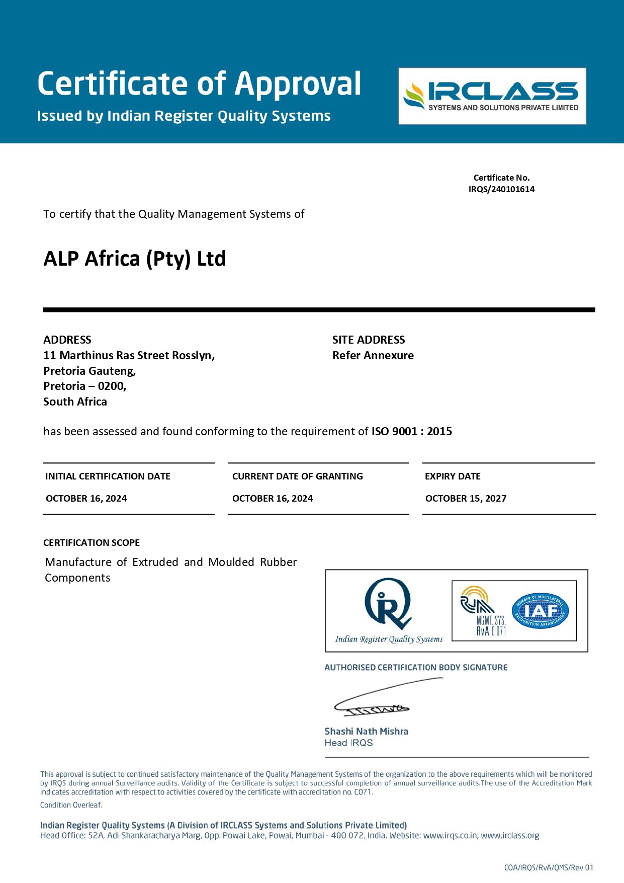 alp africa (pty) ltd qms iso9001 2015 page 0001