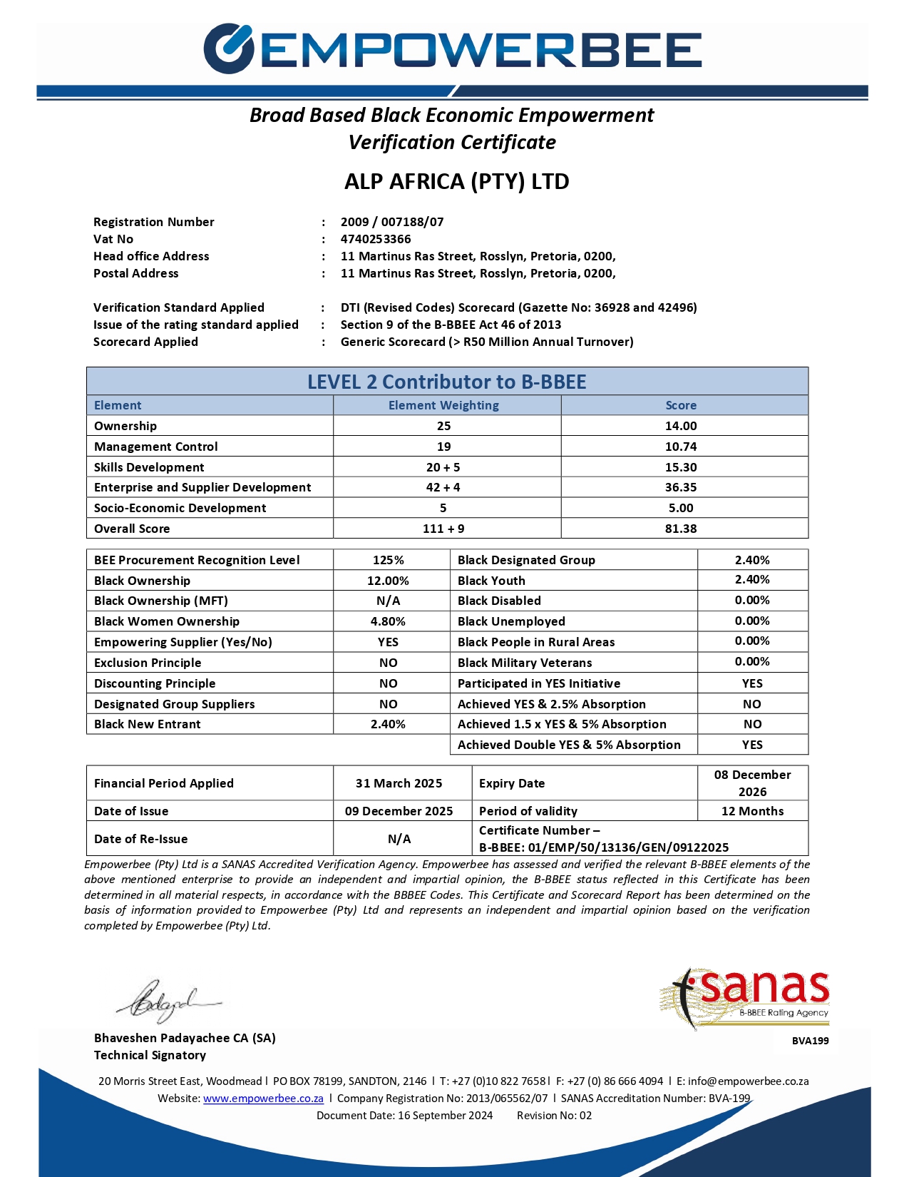 certificate bbeee alp africa (pty) ltd page 0001